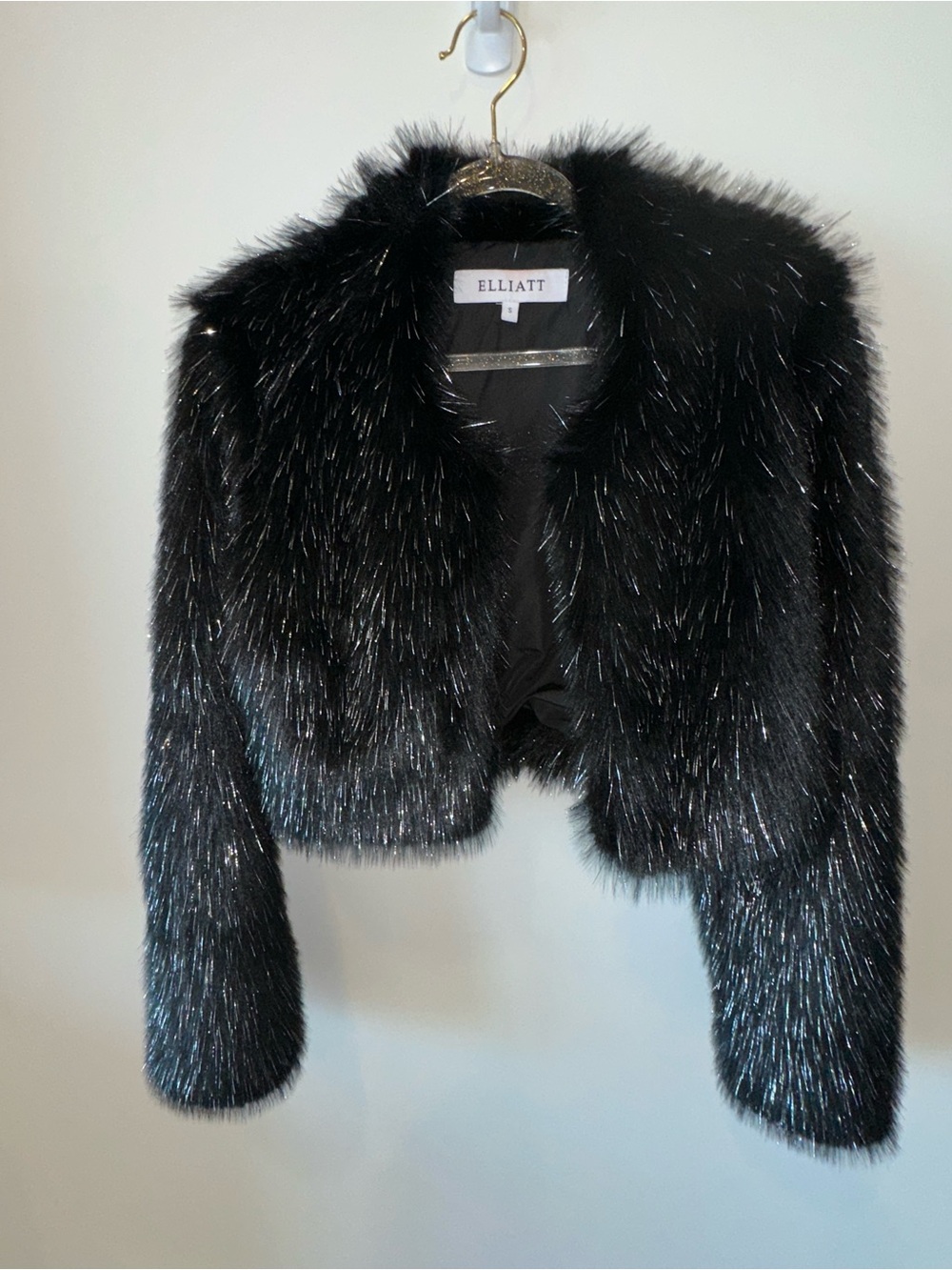 Elliatt Black Metallic-Trim Faux Fur Cropped Jacket